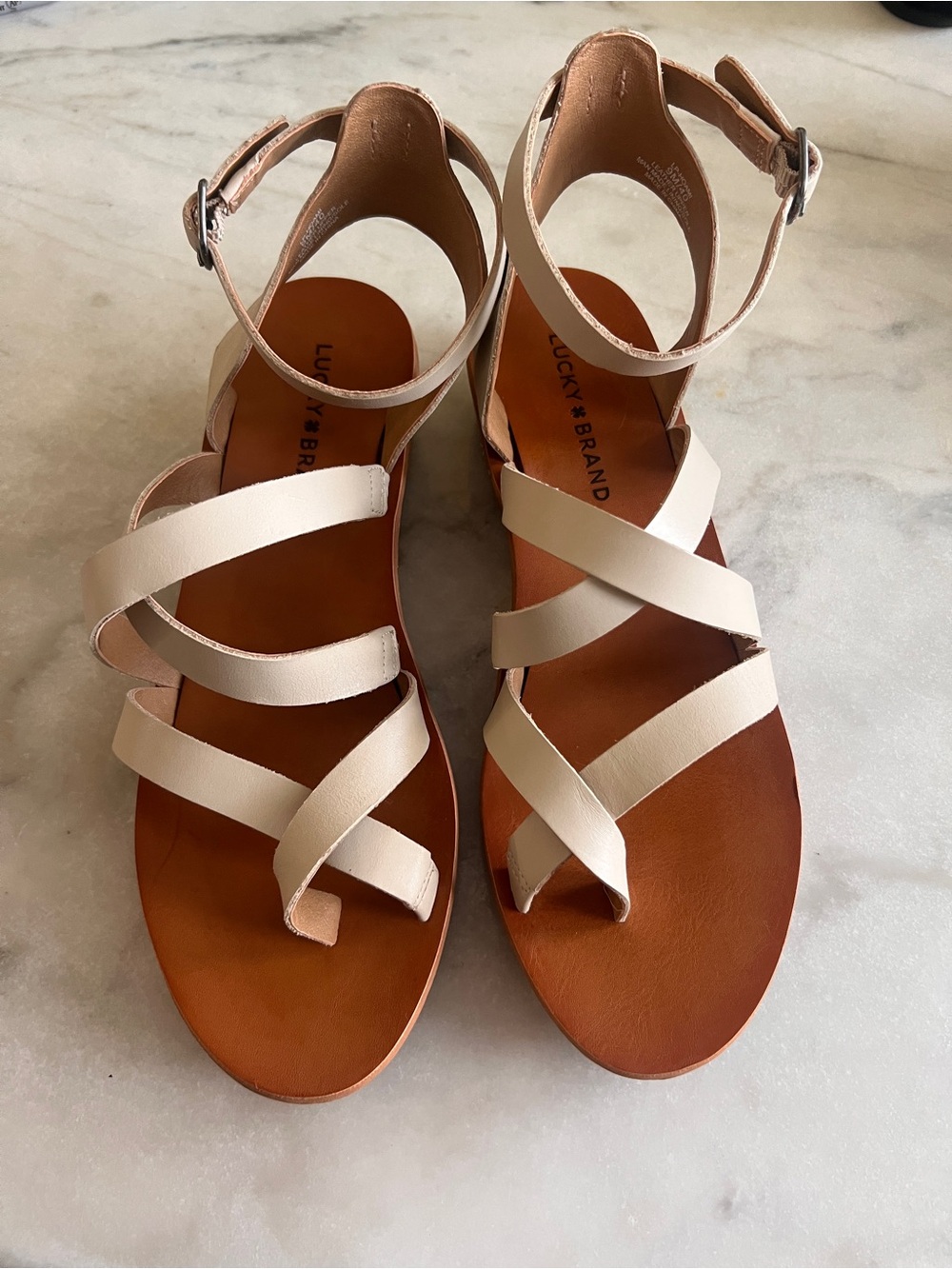 Lucky Brand Women’s Cream Strappy Leather Heeled Sandals - size 9